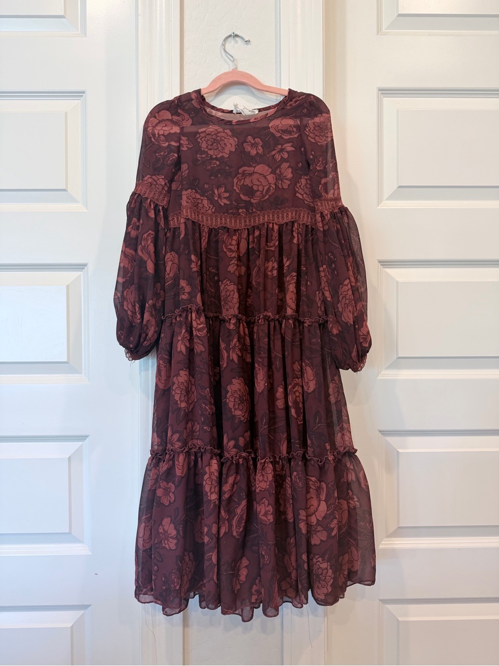 Joyfolie Girls' Floral Tiered Dress in Dark Rose